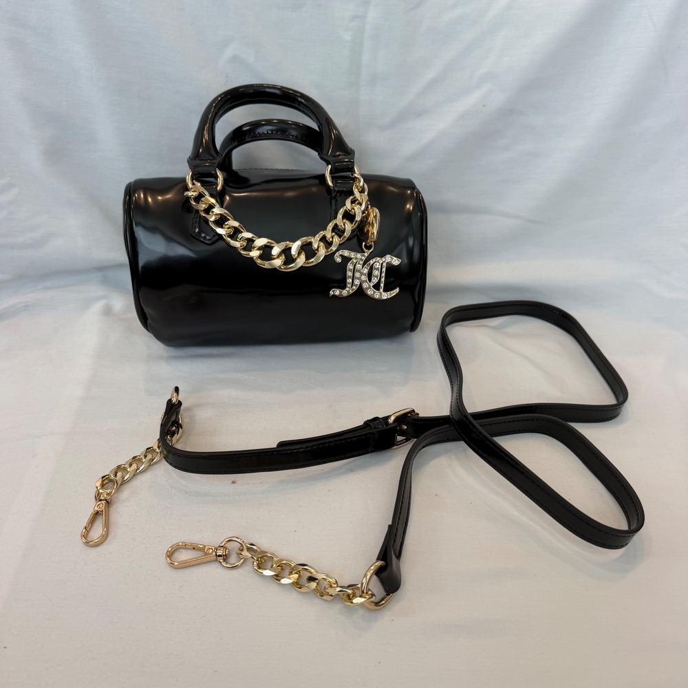Juicy Couture Black Patent Heart Barrel Crossbody Bag Gold Chain JC Logo Charm